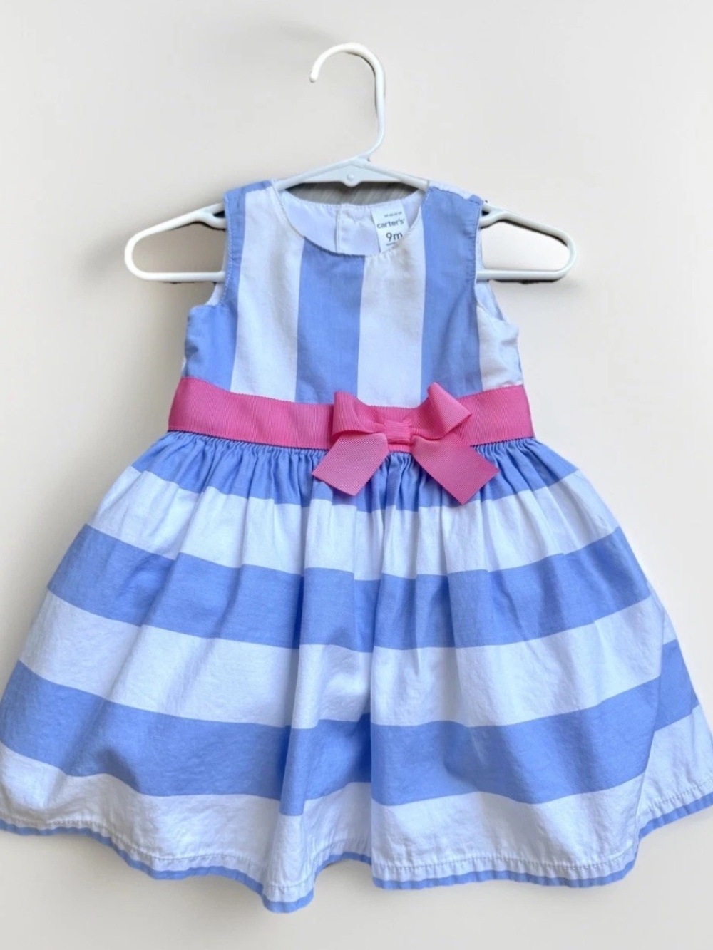 Baby Girl Dress 9 Months Blue Striped with Pink Bow